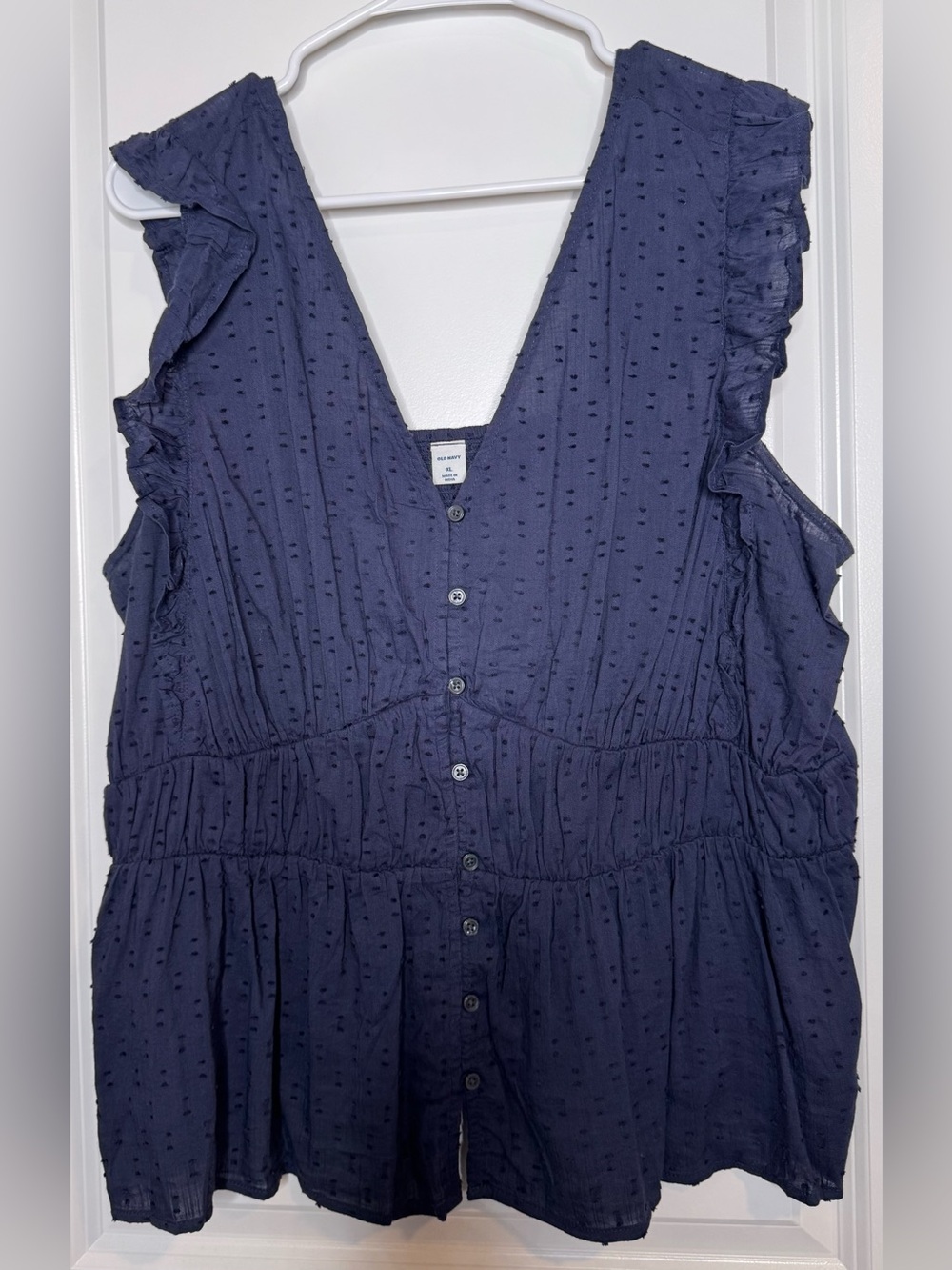 Old Navy Navy Textured Dot V-Neck Button Top peplum babydoll Sz xl cotton blend